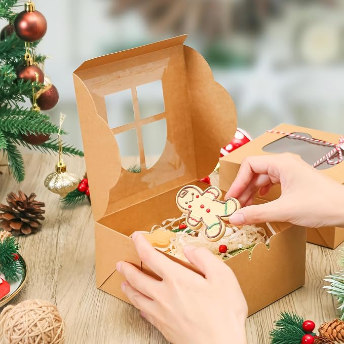COTOPHER 18Pcs Christmas Cookie Boxes with Window, 6x6x3 inch Kraft Brown Bakery Boxes for Gift Giving,Small Treat Boxes for Cake Donuts Chocolate Strawberries Pastries Muffins