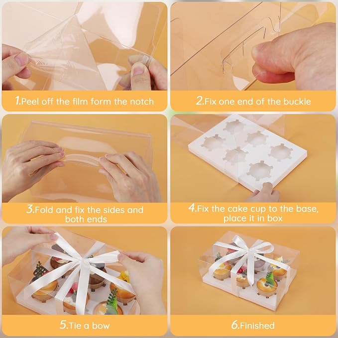 EUSOAR Clear Cupcake Boxes, 18 Pack White Bakery Cupcake Carriers 6 Count with Ribbon, Clear Muffins Gift Holder Disposable Containers Dessert Cookies Pastry Display for Birthday Wedding Party Favor