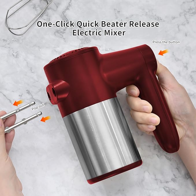 7-Speed Cordless Hand Mixer for Baking - Electric Handheld Mixer with 6 Stainless Steel Attachments, Turbo Boost, Digital Display, Lightweight Cake Mixer for Eggs, Cream, Cookie Dough (Red)