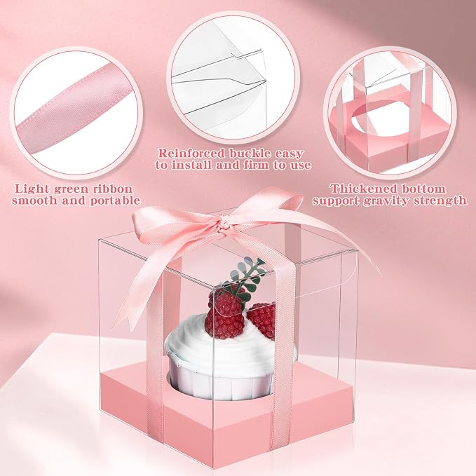 Thenshop 50 Pcs Clear Cupcake Boxes Individual 3.5 Inch Plastic Single Cupcake Containers Boxes with Inserts and Ribbon Individual Cake Storage Holders for Cake Kitchen(Pink)