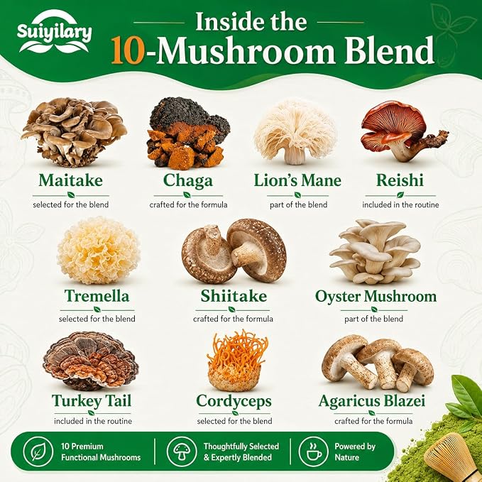 Suiyilary 10 Mushroom Matcha Powder with Lion's Mane, Reishi, Mushroom Polysaccharides & More, Japanese Ceremonial Matcha for Focus, Energy, Immunity Boost, Memory - 30 Serving