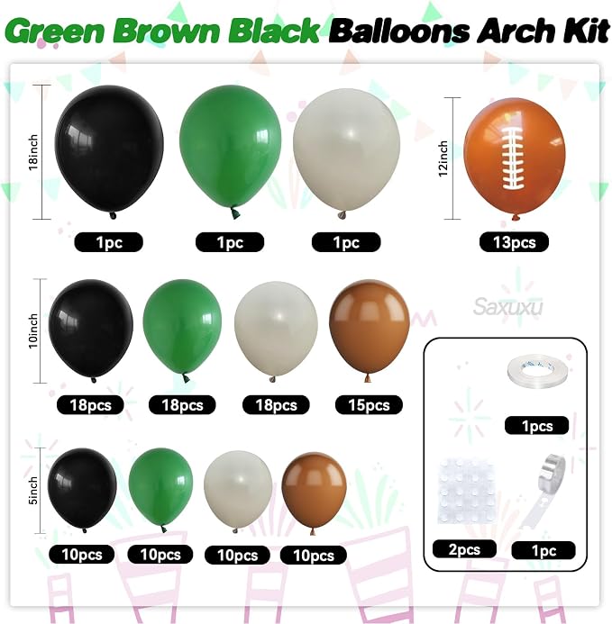 Football Balloon Arch Kit, Green and Brown balloons Garland Arch Kit, Football Print Balloon Dark Green Brown White Balloons For Ball Games Theme Birthday Baby Shower Party Bachelorette Wedding Decor