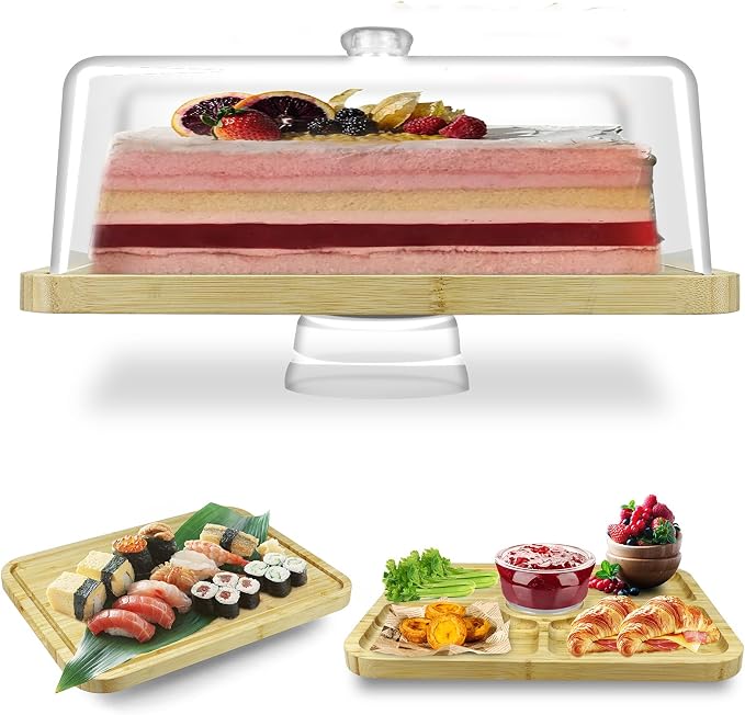 cutesun Bamboo Cake Stand with Lid - Rectangular Cake Holder, 16'' 2-in-1 Dessert Table Display Set & Charcuterie Board for Cheese, Chips, Fruit Platter, Large/big Acrylic Cake Dome Cover, Natural