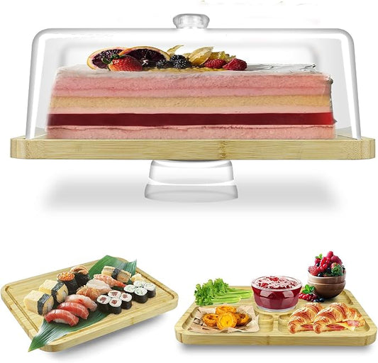 cutesun Bamboo Cake Stand with Lid - Rectangular Cake Holder, 16'' 2-in-1 Dessert Table Display Set & Charcuterie Board for Cheese, Chips, Fruit Platter, Large/big Acrylic Cake Dome Cover, Natural