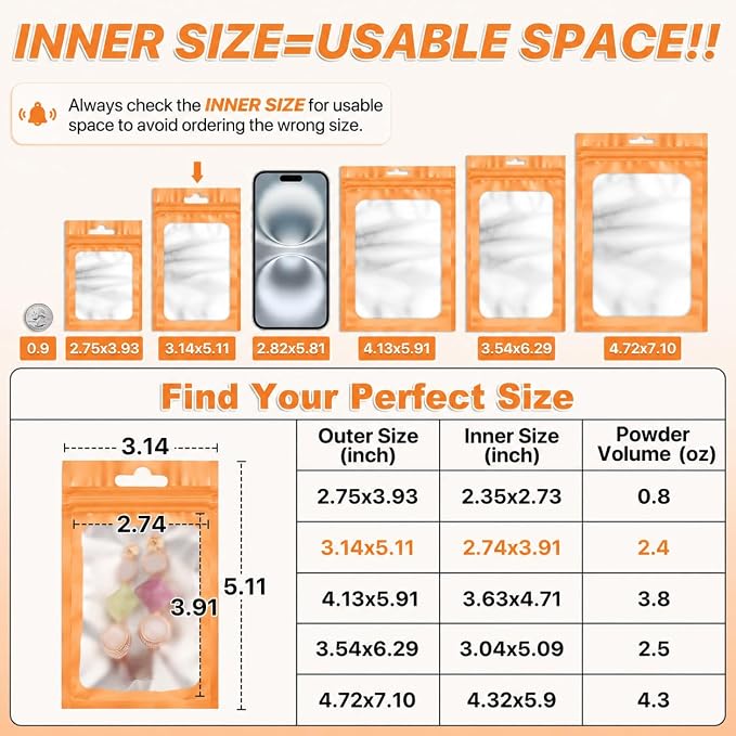 ANZNKU 100 Pack Orange Resealable Mylar Bags with Frosted Clear Window 3.14x5.11", Smell Proof Foil Pouch Bag for Jewelry Candy Party Favor Storage, Sealable Packaging Bags for Small Business