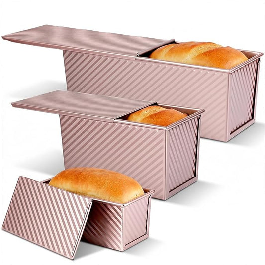3 Pack Pullman Loaf Pan with Lid, 2.2LB/1LB/0.5LB Dough Capacity Non-Stick Sandwich Bread Pan, Carbon Steel Corrugated Toast Mold for Homemade Bread Baking (Golden)