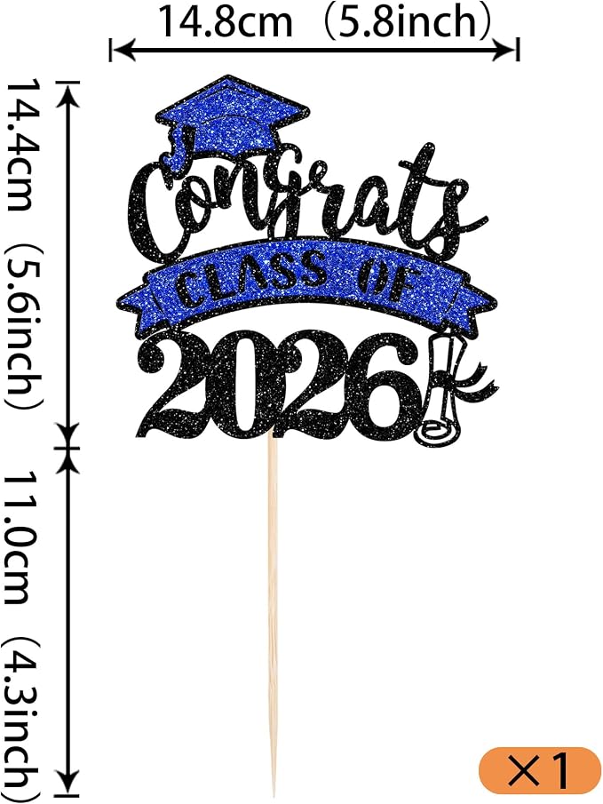 1 Pack Congrats Class of 2026 Cake Topper with Blue Glitter Diploma Graduation Cap Cake Pick Contrats Class of 2026 Cupcake Decorations for Graduation Theme High School Boys Girls