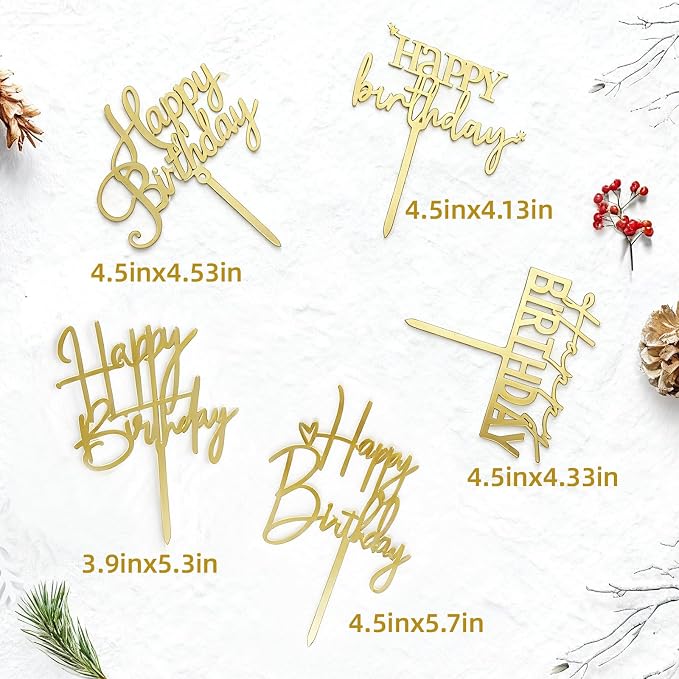 5-Pack Gold Happy Birthday Cake Toppers, Acrylic, Reusable | 5 Unique Designs, No Duplicates, 4.5-6.1", Fits 6-10" Cakes