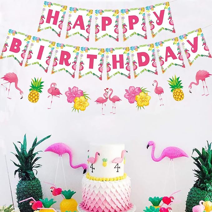 Zwiebeco Flamingo Happy Birthday Party Decoration Tropical Hawaiian Summer Supplies Pineapple Banner Bunting Garland for Kids Adults Aloha Luau Theme Accessories
