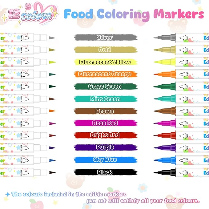Food Coloring Marker Pens,12Pcs Dual Sided Food Grade and Edible Markers with Fine&Thick Tip,Edible Pen Gourmet Writers for Decorating Cake,Cookies,Fondant,Frosting,Easter Eggs,Painting,Drawing,Baking( For 12+ Year Old)