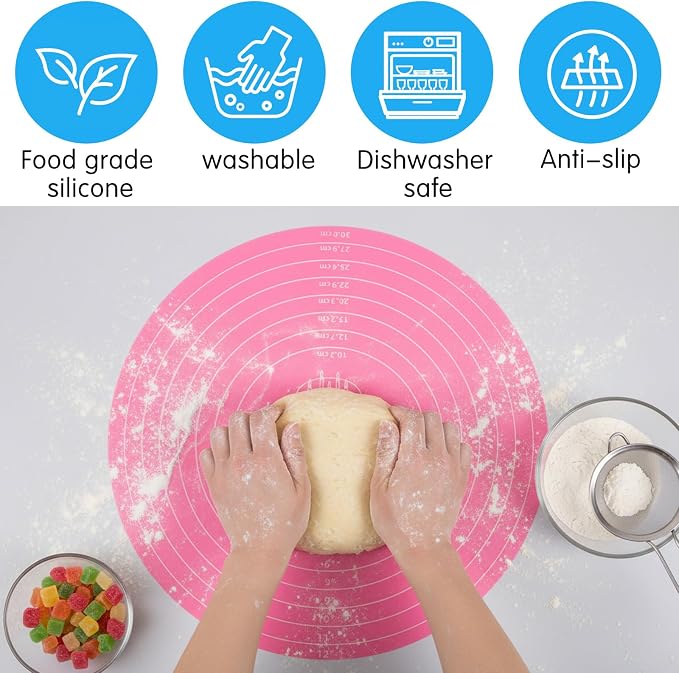 12 Inch Round Baking Mat 2PCS Silicone Cake Mat with Measurements | Non-Stick Heat Resistant Cake Turntable Non-slip Mat Reusable Cookie Pad for Pastry Dough and Baking (Pink and Blue)