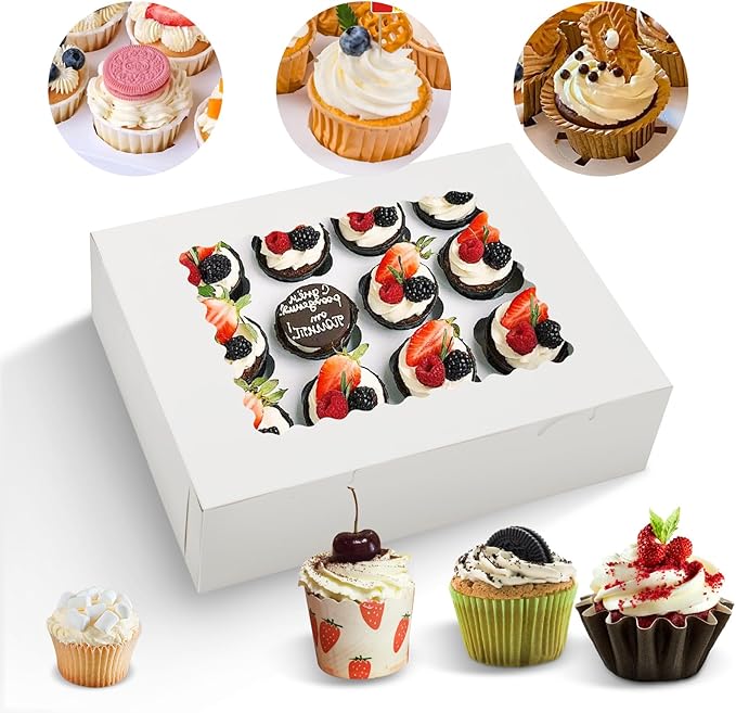 12 Sets x 12 Count Cupcake Containers Boxes Containers with Window, 12.8 x 10 x 3.5 Inch Carrier Holder Bakery for Birthday,Wedding,Party