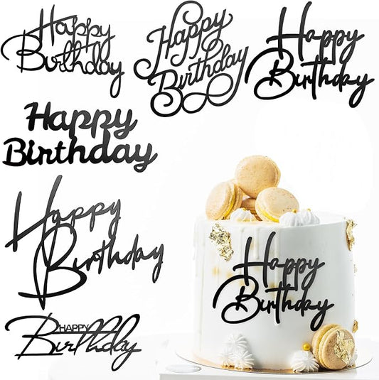 6 Pcs Happy Birthday Cake Topper Side Mirror Acrylic Sign Decorations Black Inserts Decor Supplies Cupcake Toppers for Party Dessert