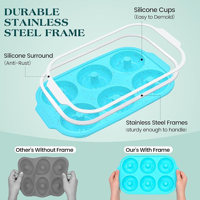 Silicone Donut Pan for Baking with Metal Reinforced Frame, Nonstick 3.25 inch Doughnut Baking Pans, 6 Cavity Donut Trays, Make Perfect Bagels and Cake Donuts (Aque)