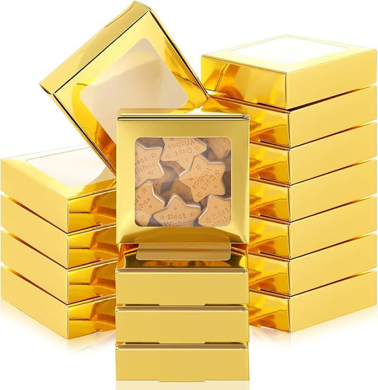 Zonon 30 Pcs Kraft Paper Boxes with Window 4.13 x 4.13 x 1.18 Inch Candy Packaging, Small Gift Boxes, Soap holder, Mini Treat Packaging for Bakery Chocolate Jewelry Display (Gold)