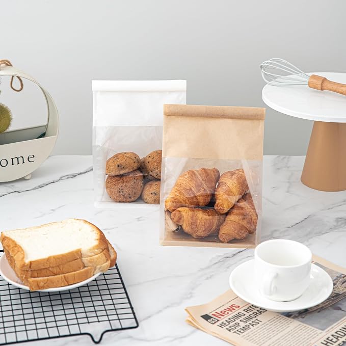 100 Pcs Bread Bags for Homemade Breads with Window, 6.3 x 5.1 x 10.3 Inch Tin Tie Tab Lock Resealable Bakery Loaf Bags for Packaging Sourdough Bread, Cookies, Bagels, Pastry