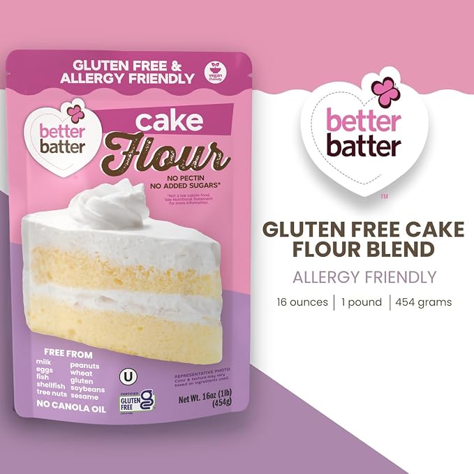 Better Batter Gluten-Free Cake Flour 1LB – Certified GF, Top 9 Allergen-Free, Vegan & Kosher Baking Mix – Premium Blend for Cakes, Quick Breads, Pancakes & Waffles – Smooth Texture, Rich Flavor, Safe for All Diets