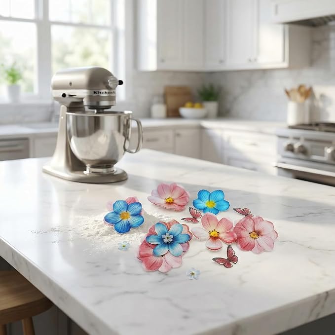 Set of 55 Edible Flowers & Butterflies Cupcake Toppers Wedding Cake Party Food Decoration Mixed Size & Colour for Anniversary (Flower Butterfly)