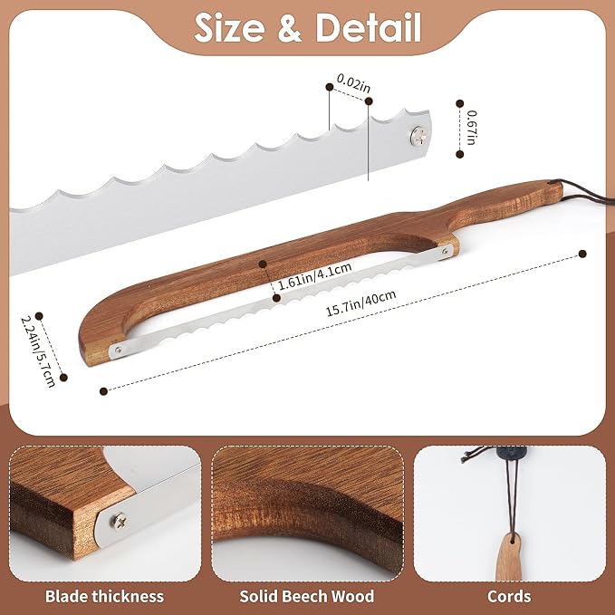 Bow Bread Knife for Homemade Sourdough, 15.7" Adjustable Stainless Steel Serrated Bread Slicer, Thickened Ergonomic Beech Wood Fiddle Bow Knife for Bagels, Baguettes and Cakes