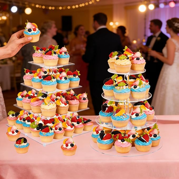 4 Tier Cupcake Stand for 50 Cupcakes, Clear Acrylic Cupcake Tower, Cupcake Holder for Parties, Weddings, Birthdays, Clear Dessert Display Ease of Assembly High Stability (Square)