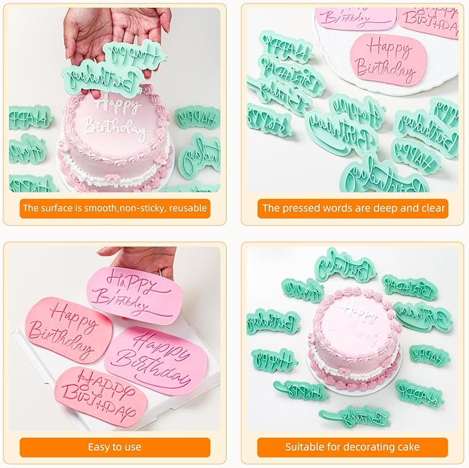 KALAIEN 10 Pcs Happy Birthday Fondant Stamp Letters,3D Design Custom Mould Cookie Cutter Sets for Cake Cookie Decorating Supplies//Sugar Paste/Cupcake/Chocolate