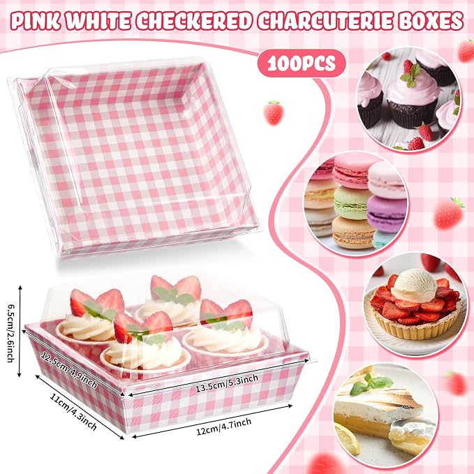 Potchen 100 Pack Pink Plaid Charcuterie Boxes with Clear Lids – Pink ＆ White Bakery Gift Boxes with Window for Cookies, Candy, and Mini Cakes – Ideal for Summer Gift Giving & Bakery Packaging