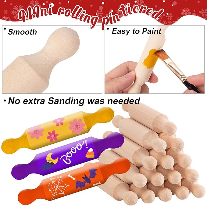 45Pcs Wooden Mini Rolling Pin Long Kitchen Baking Small Dough Rolling Pin for Children Fondant Pastry Pizza Crafting and Imaginative Play for Halloween and Christmas