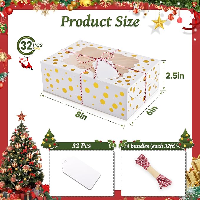 32Pcs 8x6x2.5 in White Christmas Cookie Boxes with Window - Perfect for Gifts, Treats, Desserts, Pastries