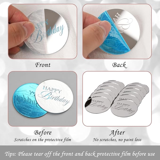 20pcs Silver Birthday Cupcake Toppers Acrylic Cake Picks for Party Decor | Mirror Design Birthday Party Supplies Round Picks DIY Gifts Flower Bouquet Pastries Desserts Decor
