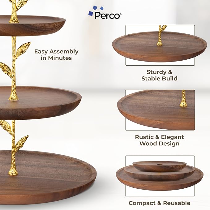 Perco 3 Tier Wooden Cupcake Stand, Walnut Wood Tiered Display Stand for 20 Cupcakes – Rustic Dessert Table Display Set, Tiered Serving Tray for Weddings, Birthdays, Baby Showers & Events
