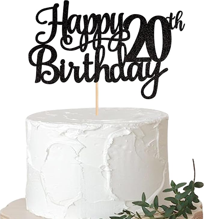 1 PCS Happy 20th Birthday Cake Topper Glitter Cheers to 20 Years Birthday Cake Pick Twenty 20 Fabulous Cake Decoration for Happy 20th Birthday Theme Party Decorations Supplies Black