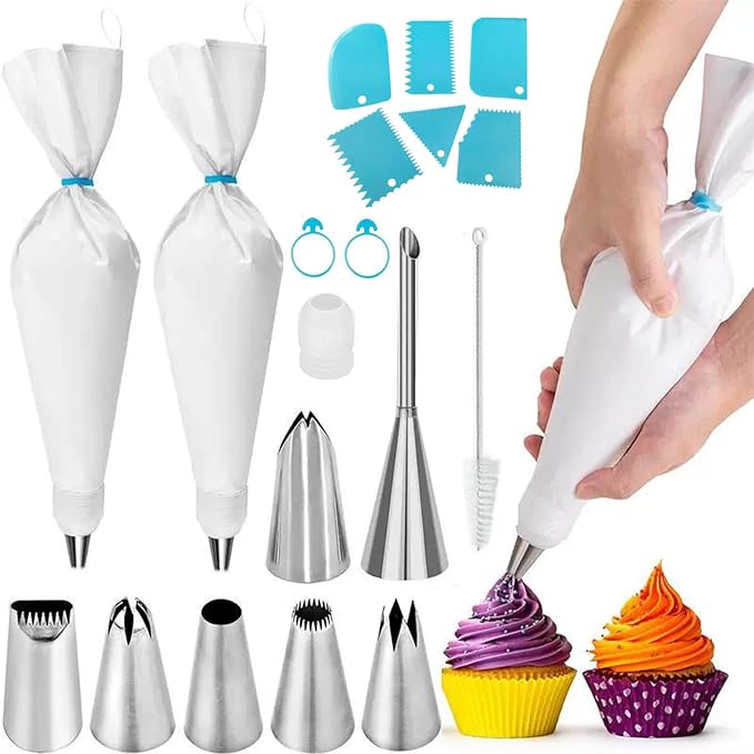 Baking & Pastry Tool Kit, 14 Nozzles & 6 Blue Scrapers, Reusable Bags & Ties, Versatile Kitchen Accessories for Decorating & Dough Shaping (20)