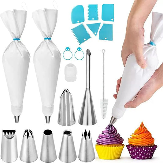 Baking & Pastry Tool Kit, 14 Nozzles & 6 Blue Scrapers, Reusable Bags & Ties, Versatile Kitchen Accessories for Decorating & Dough Shaping (20)