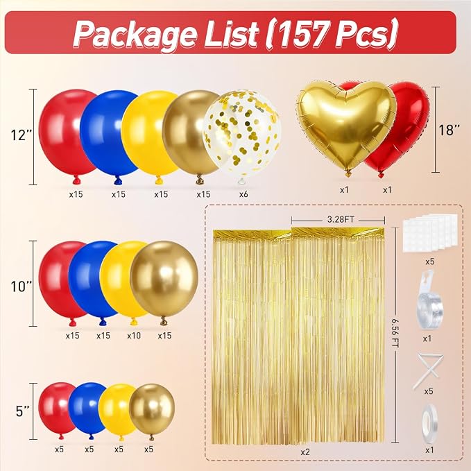 157Pcs Red Blue Yellow Gold Balloons Garland Arch Kit with Fringe Curtain for Snow Beauty White Carnival Circus Super Mario Plim Plim Theme Birthday Baby Shower Party Decorations
