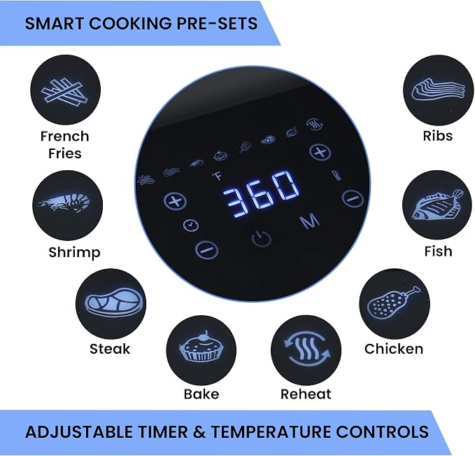 Total Chef Electric Air Fryer Oven 5 Qt/4.8L, Digital Touchscreen Controls, 8 Smart Cooking Presets, Adjustable Temperature, Programmable Timer, Non-Stick Basket, Quick Easy Meals, Black