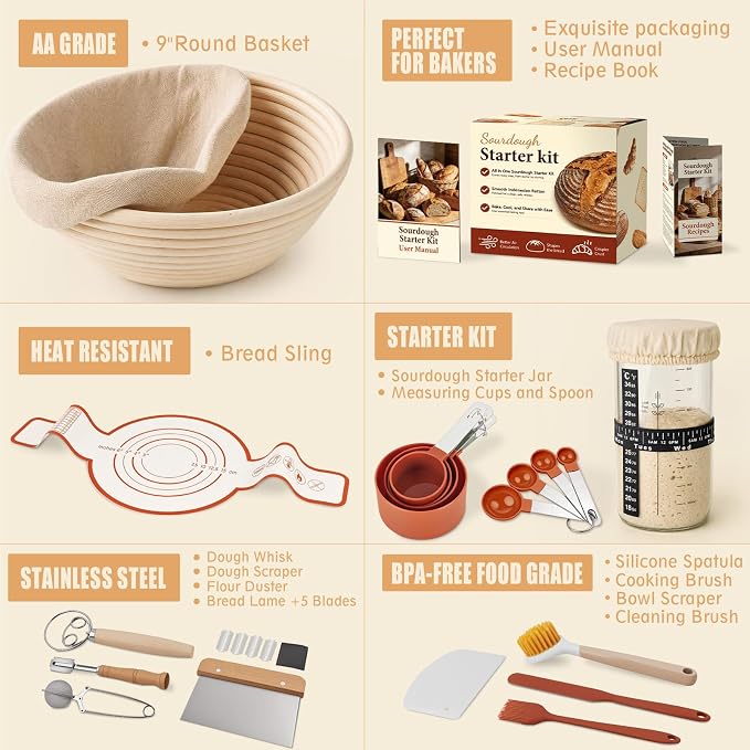 Sourdough Starter Kit, Sourdough Bread Baking Supplies, Banneton Bread Proofing Basket with Starter Jar, Dough Whisk, Scrapers, Recipe, Round Bread Proofing Basket, for Bread Baking