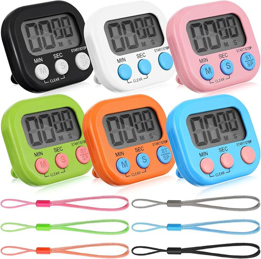 Weewooday 6 Pcs Small Digital Kitchen Timer Magnetic Back and Switch Minute Second Count up Countdown Big LCD Display Loud Alarm for Teacher Cooking Baking (Colorful)