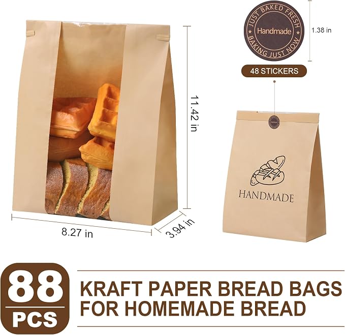 88 Pack Paper Bread Bags for Homemade Baking - Tin Tie Tab Lock Sourdough Bag, Large Loaf Packaging With Clear Window for Storage - 90 Label Seal Stickers for Bakery Use