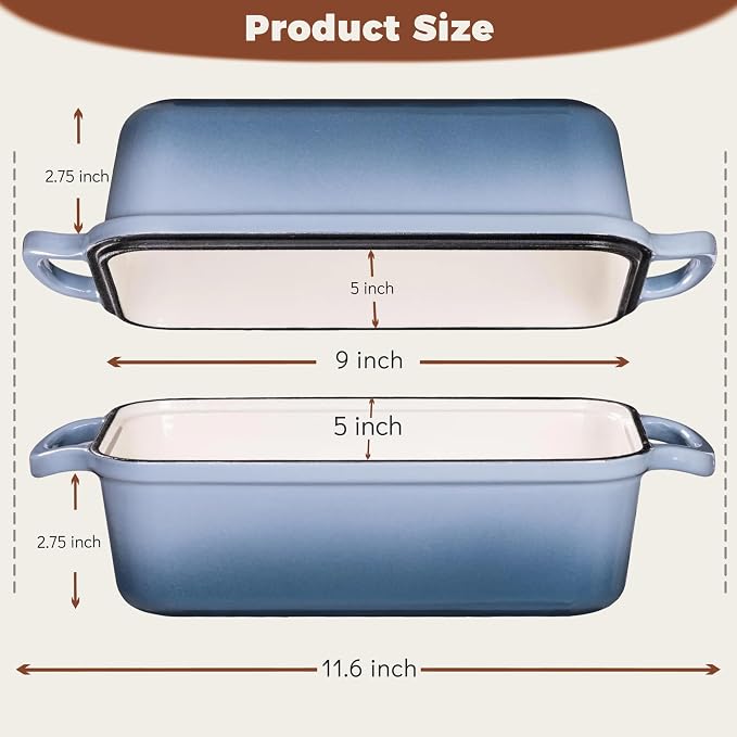Cast Iron Bread Loaf Pan with Lid, Enameled 9x5 Loaf Pans for Baking Bread, Set of 2 for Homemade Bread & Sourdough, Sea Salt