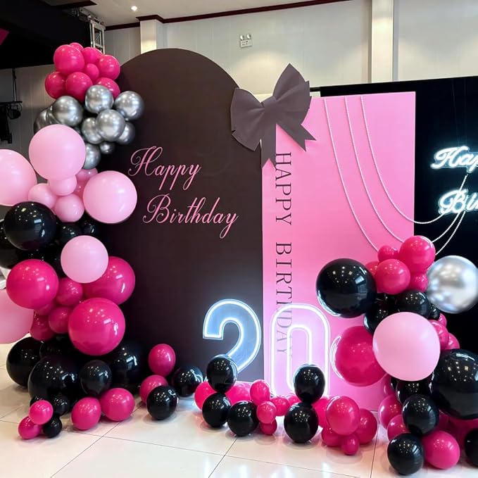MEBAY Hot Pink Black Silver Balloon Garland Arch Kit, 166Pcs Red Black Pink Silver Balloons for Birthday Graduation Baby Shower Wedding Anniversary Bachelorette Party Decorations
