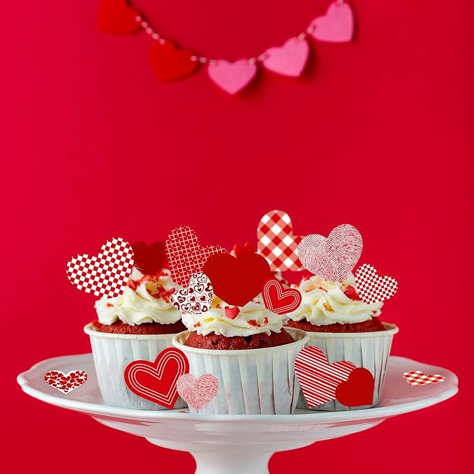 88PCS Edible Valentines Day Heart Cupcake Toppers Red Sweet Love Heart Cupcake Picks Happy Valentine's Day Heart Cake Decor for Valentine's Day Theme Party Decoration Supplies