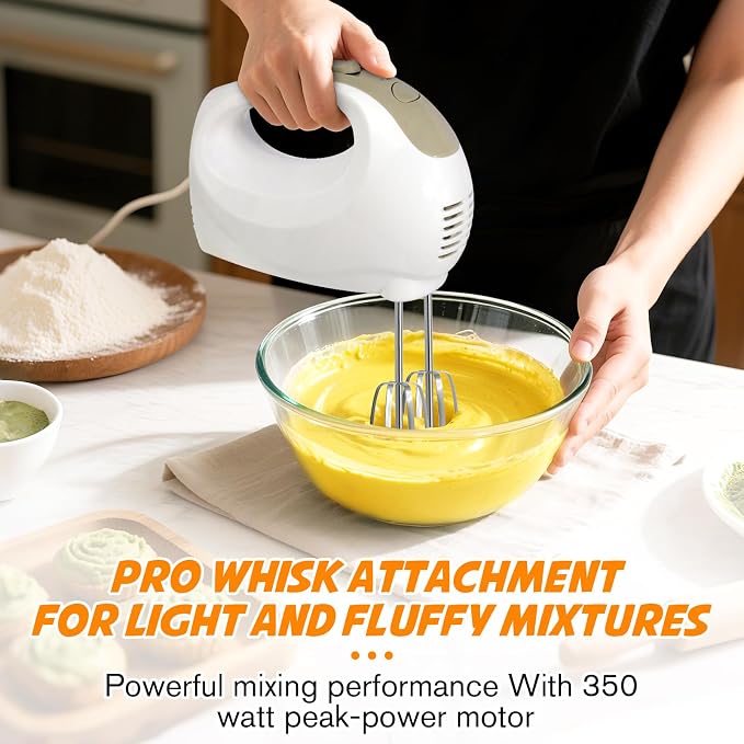Handmixer Electric Handheld- 5 Speed Portable Kitchen Mixer Electric Handheld with 5 Stainless Steel Accessories Whisk, Food Beater, ‌Ivory