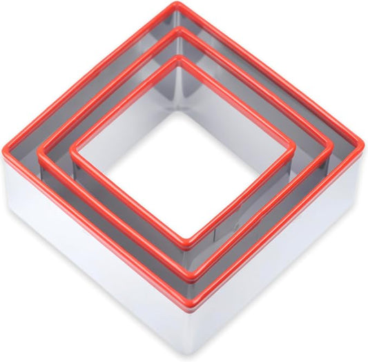Large Square Cookie Cutter Set, 3, 4, 5 Inch, Stainless Steel Biscuit Cutters for Baking, Sandwich Cutter Shapes for Kids, Red Soft Rubber Top for Protection