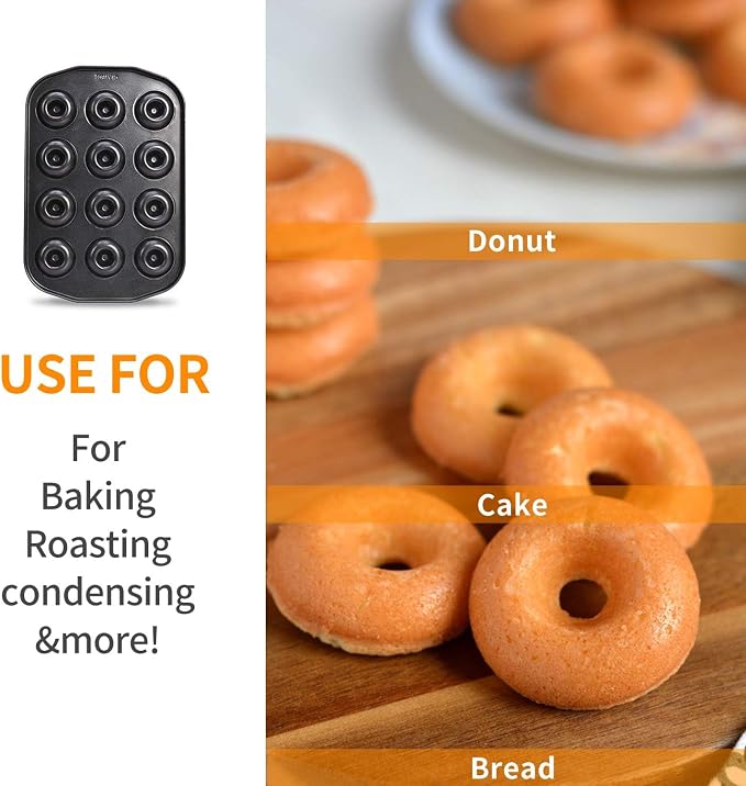 CHEFMADE Mini Donut Baking Pans, Non-Stick 12-Cavity Donut Pan, Carbon Steel Cake Baking Pan - BPA Free Mini Bagel Pan, Oven, Microwave, Freezer Safe