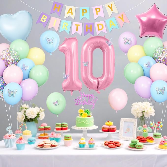 Pastel 10th Birthday Decorations for Girl,Macaron Rainbow 10th Party Decoration Colorful Balloons Banner Star Heart Number 10 Foil Balloon Cake Topper Butterfly Party Decorations