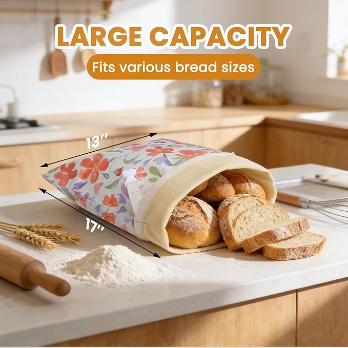 Beeswax Bread Bag for Homemade Bread Sourdough, 2 Pack Reusable Bees Waxed Infused Linen Wrap for Baguette Loaf Bread Freezer, Fresh Food Keeper Storage Container, Homesteading Essentials Flower Bloom