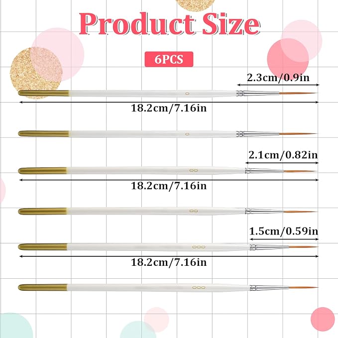 6 Pcs Fine Point Liner Cake Painting Brush Set Cake Brushes Fine Detail Paintbrushes for Cookie Decorating, Icing Pastry, Glitter, Watercolor, Acrylic