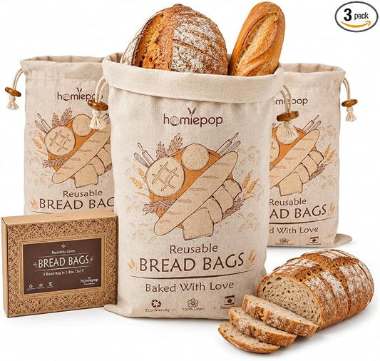 3 Pack Bread Bags for Homemade Bread – Reusable Linen Bread Storage Bags with Food-Safe Inner Lining, Keeps Bread Fresh Longer, Large 17 x 13 Inch Sourdough Bread Bags, Washable, Gift Box Included