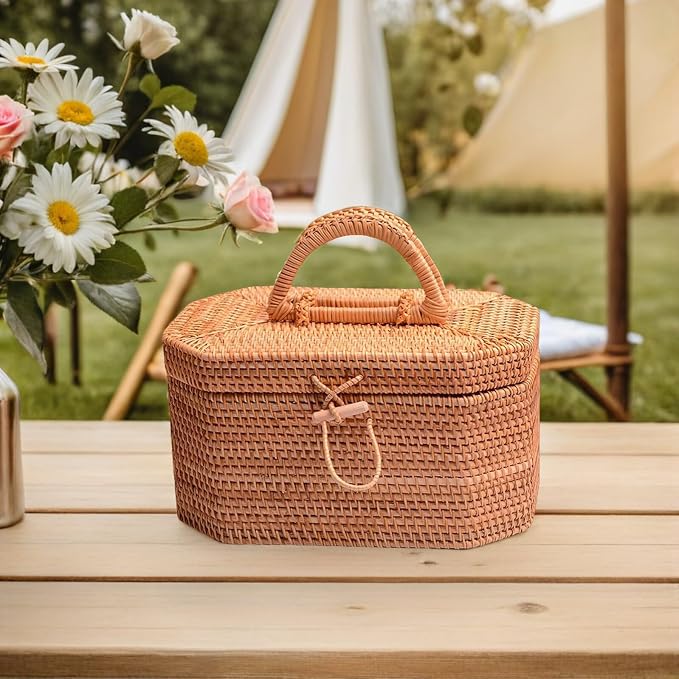 Zerodeko Rattan Storage Box 10.62 Inch Woven Basket Portable Fruit Storage Basket with Lid for Kitchen Dining Home Decor Organizer
