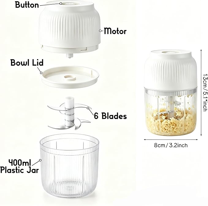 Electric Garlic Chopper, 400ML Upgrade Mini Food Processor & Food Chopper for Kitchen, Portable Cordless Garlic Mincer with 6 Stainless Steel Blades, for Garlic,Onion,Ginger,Chili,and Fruit (white)